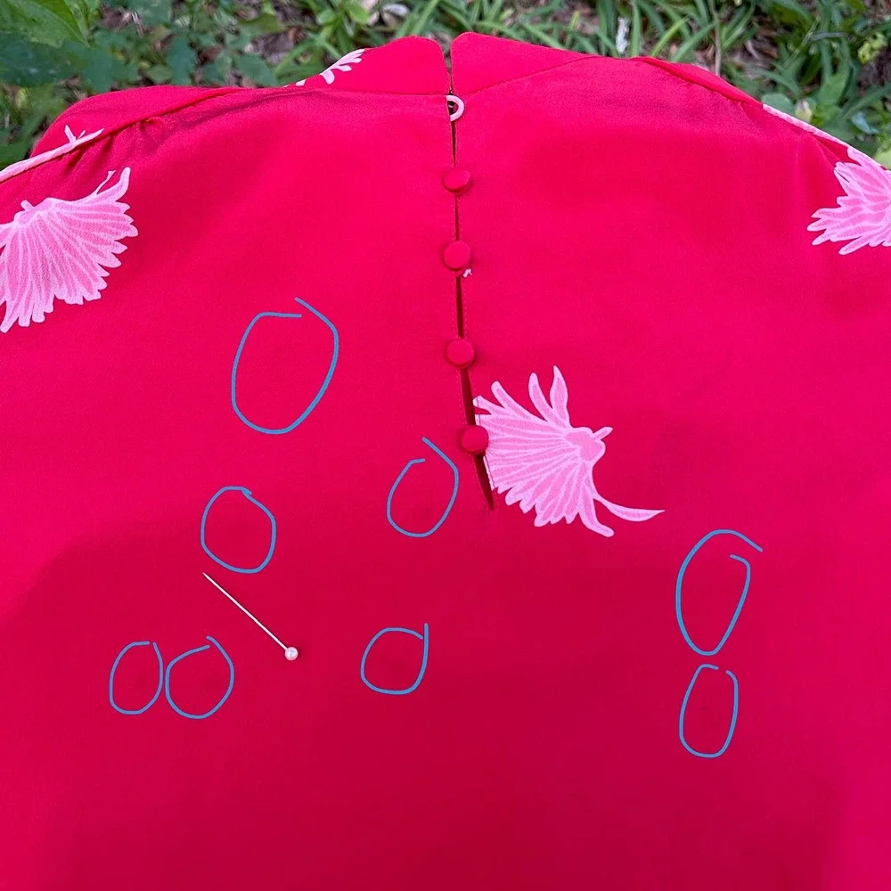 Vintage 70s Red Silk Asian Inspired Dress Floral Long Sleeve Rita Angelo M L - Picture 5 of 13